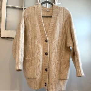 Pull and Bear Light Beige Oversized Cableknit Cardigan With Pockets